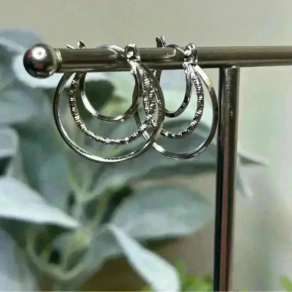 Silver Tone Three Loop Hoop Earrings - Picture 2 of 2